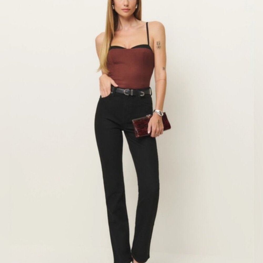 NEW Reformation Melanie Strappy Top Woven Silk Contrast Dark Red | size 2 - Picture 2 of 11